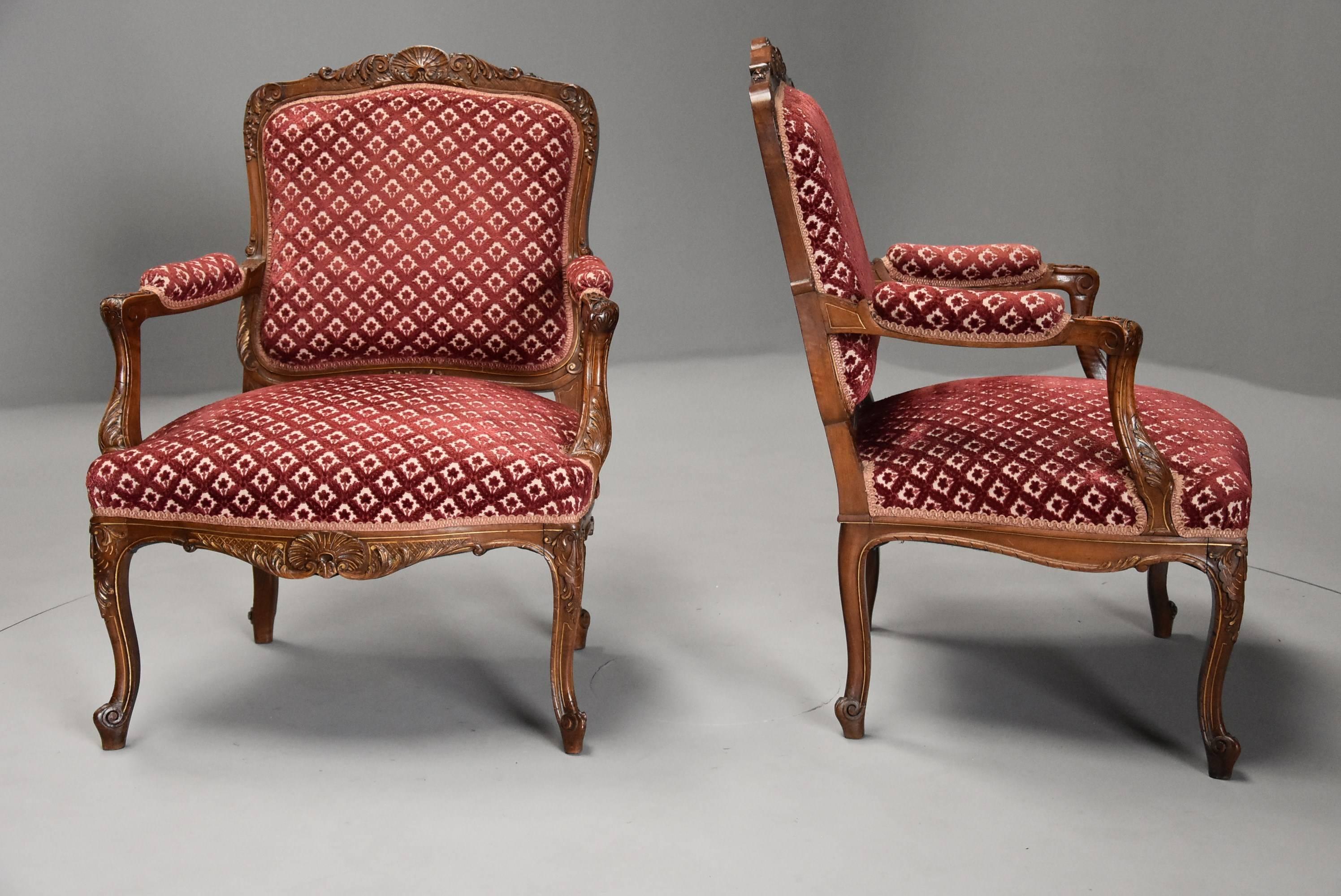 Pair of Late 19th Century French Walnut Fauteuils, Open Armchairs in the Louis In Good Condition In Suffolk, GB