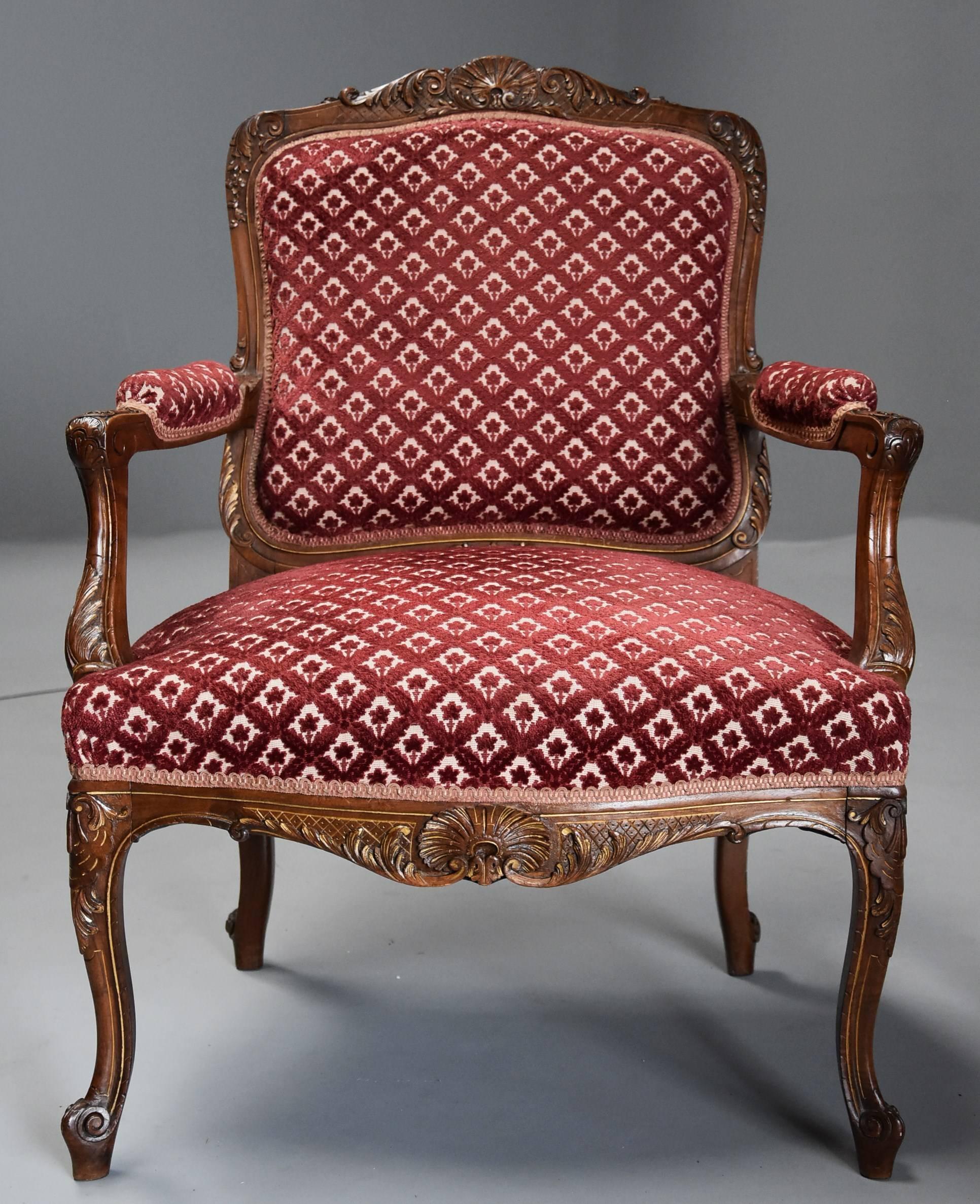 Pair of Late 19th Century French Walnut Fauteuils, Open Armchairs in the Louis 1