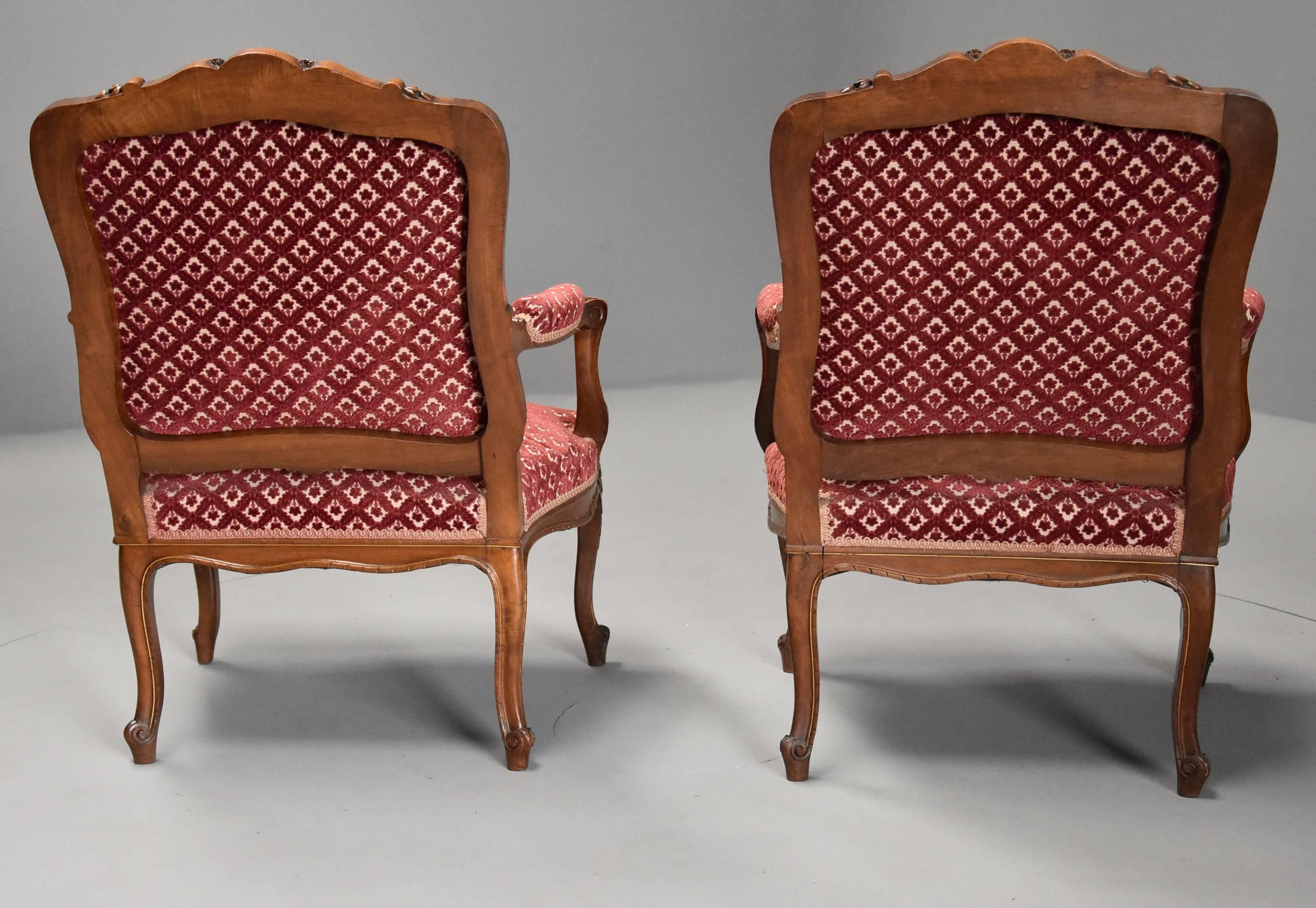 Pair of Late 19th Century French Walnut Fauteuils, Open Armchairs in the Louis 6