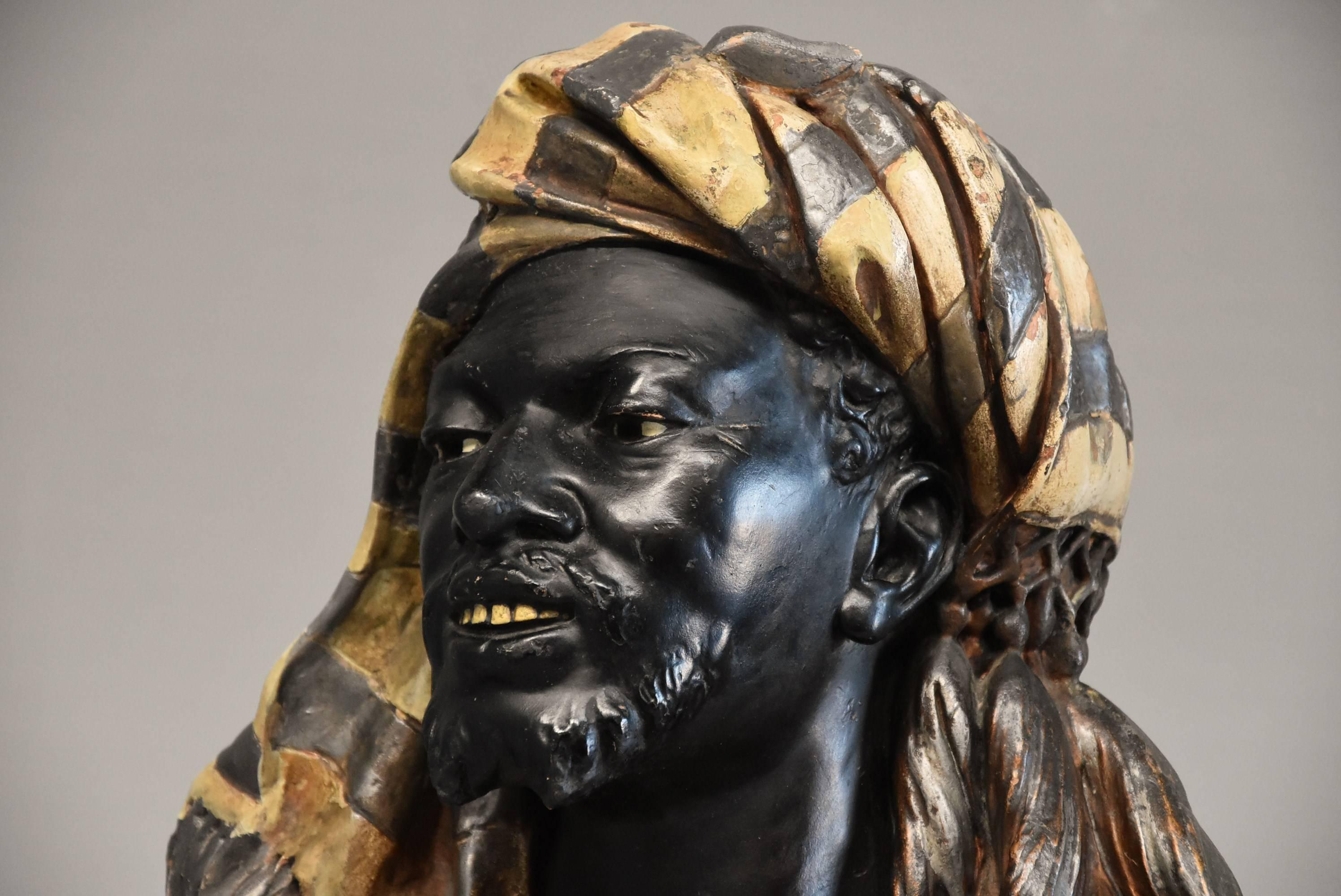 Decorative 19th Century Lifesize Austrian Painted Terracotta Bust of Nubian Man 1