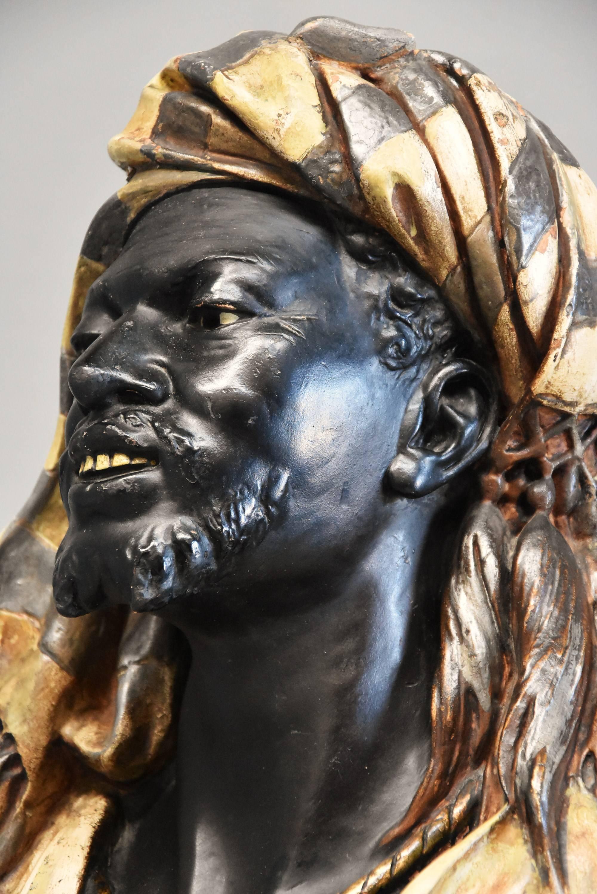 Decorative 19th Century Lifesize Austrian Painted Terracotta Bust of Nubian Man 2