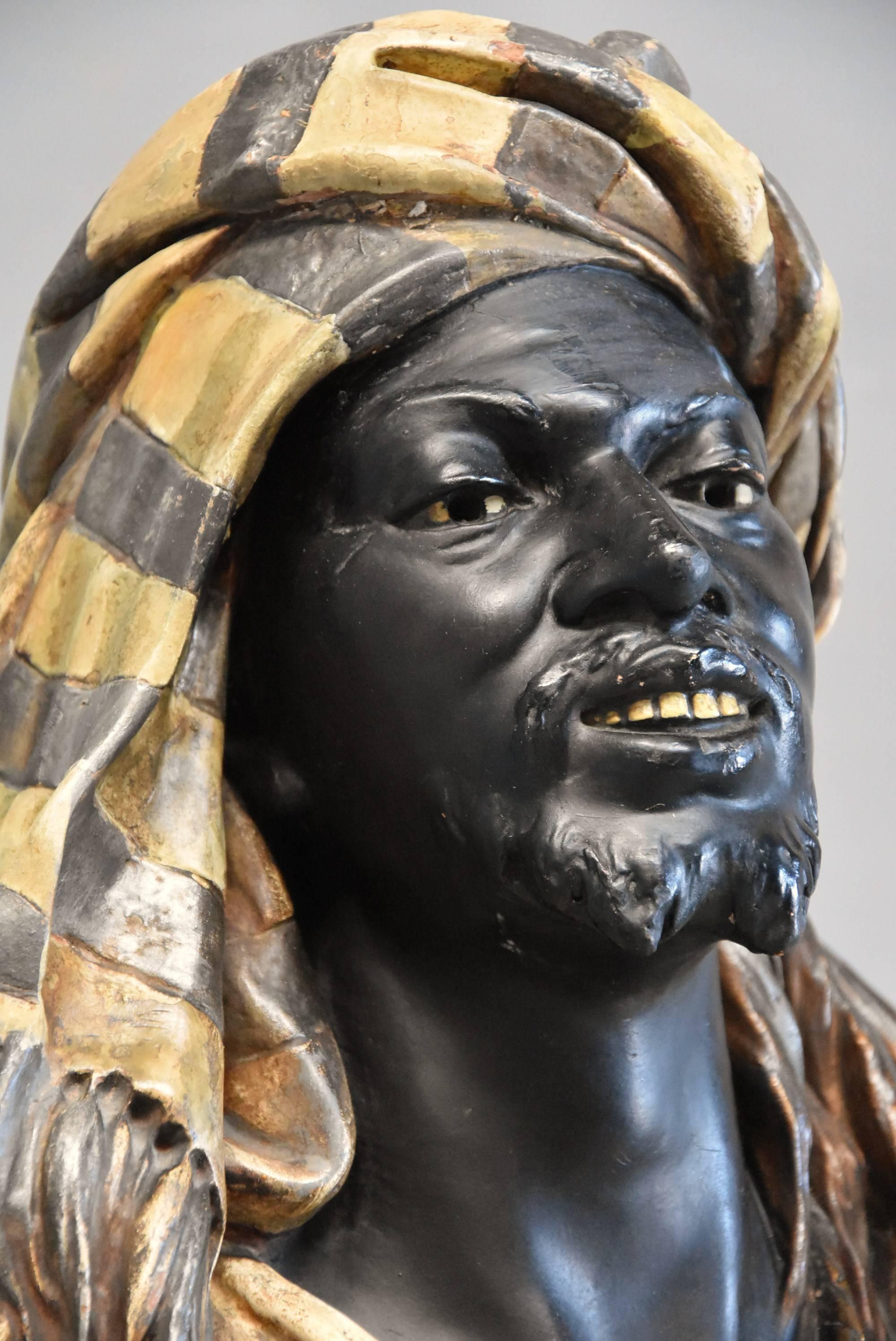 Decorative 19th Century Lifesize Austrian Painted Terracotta Bust of Nubian Man 3