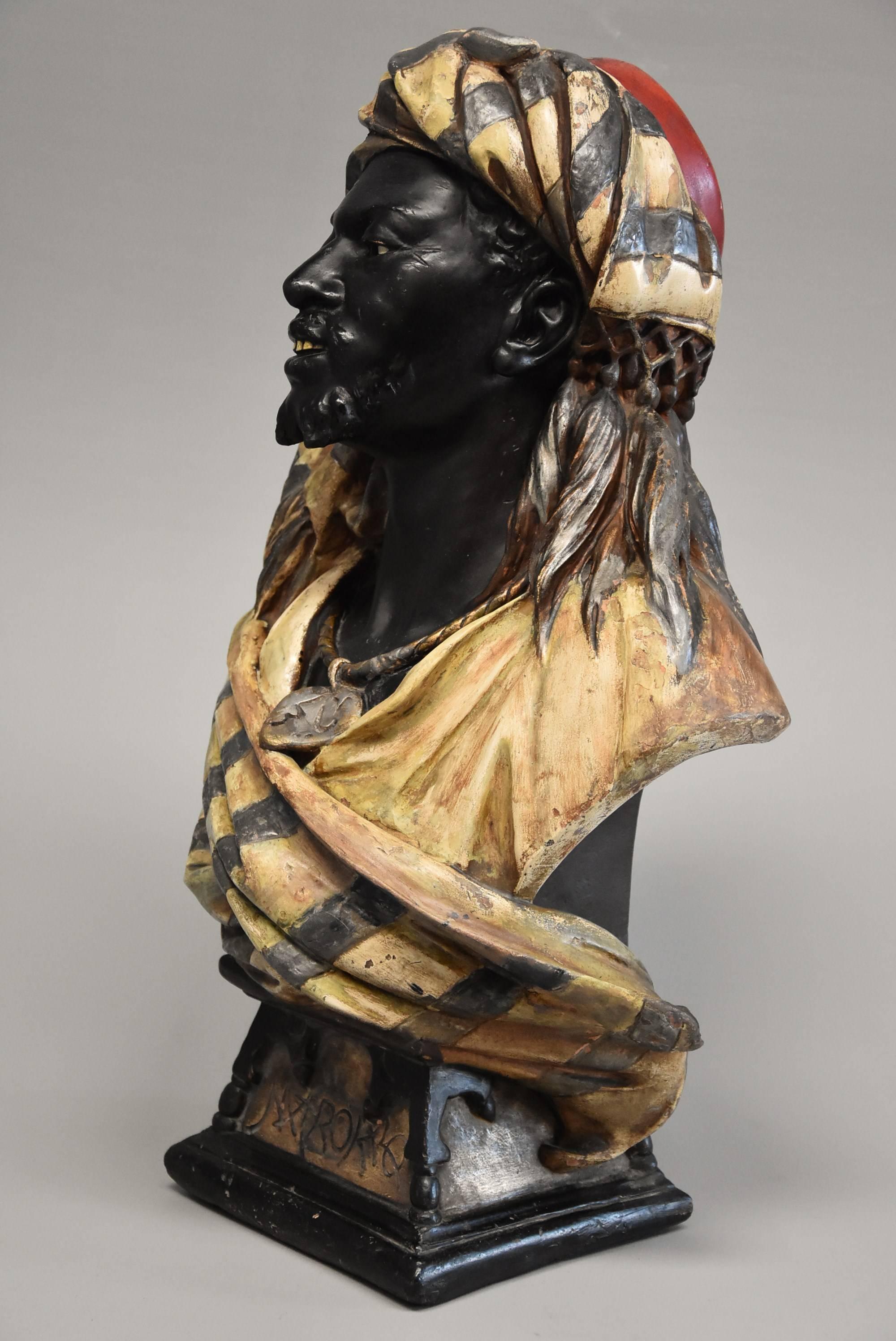 Decorative 19th Century Lifesize Austrian Painted Terracotta Bust of Nubian Man 4