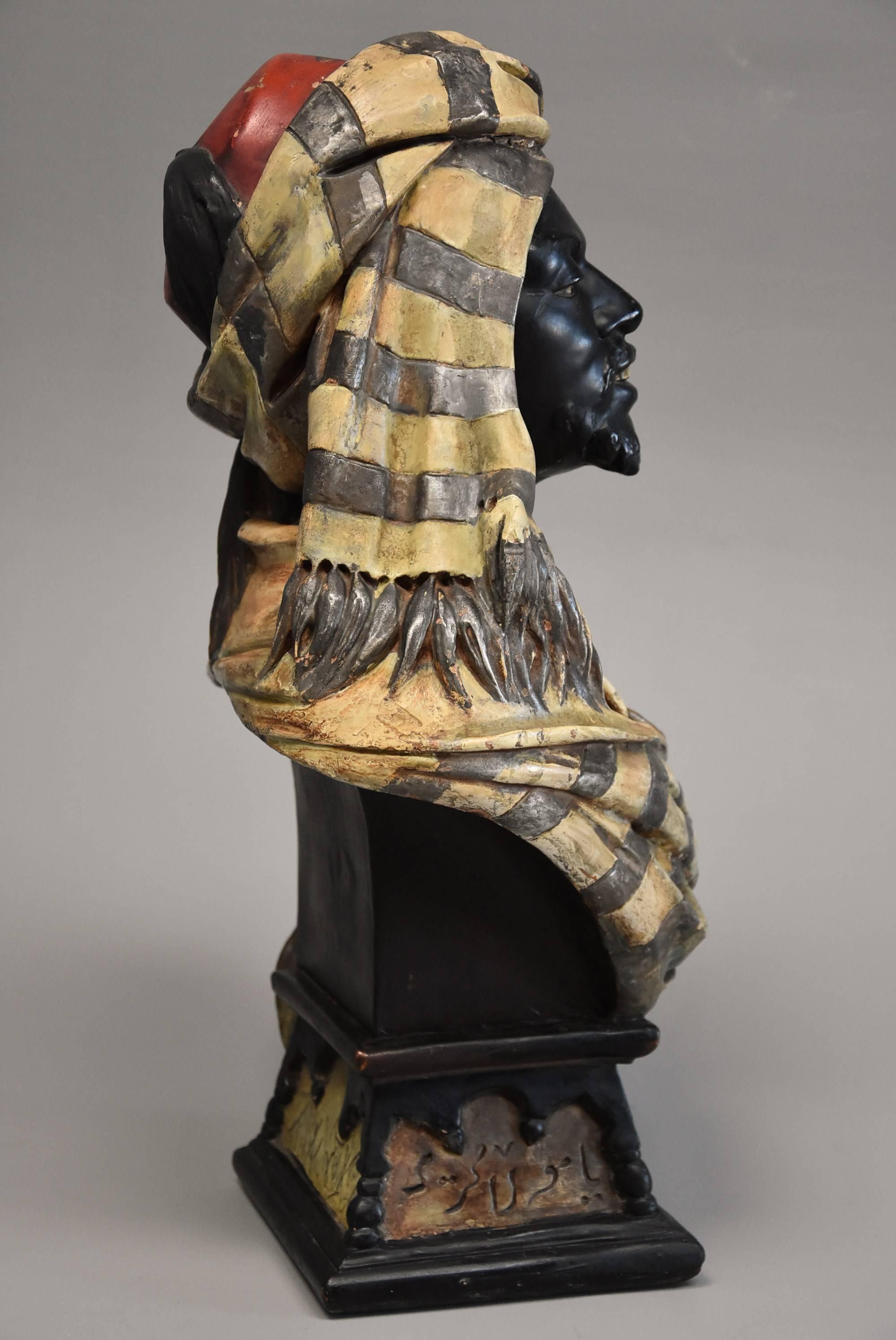 Decorative 19th Century Lifesize Austrian Painted Terracotta Bust of Nubian Man 5