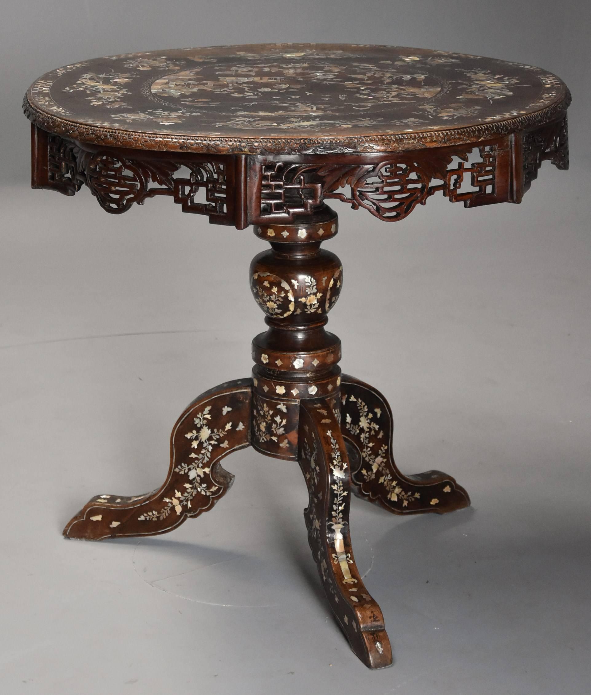 19th Century Decorative Vietnamese Hardwood & Mother-of-pearl Circular Centre Table For Sale
