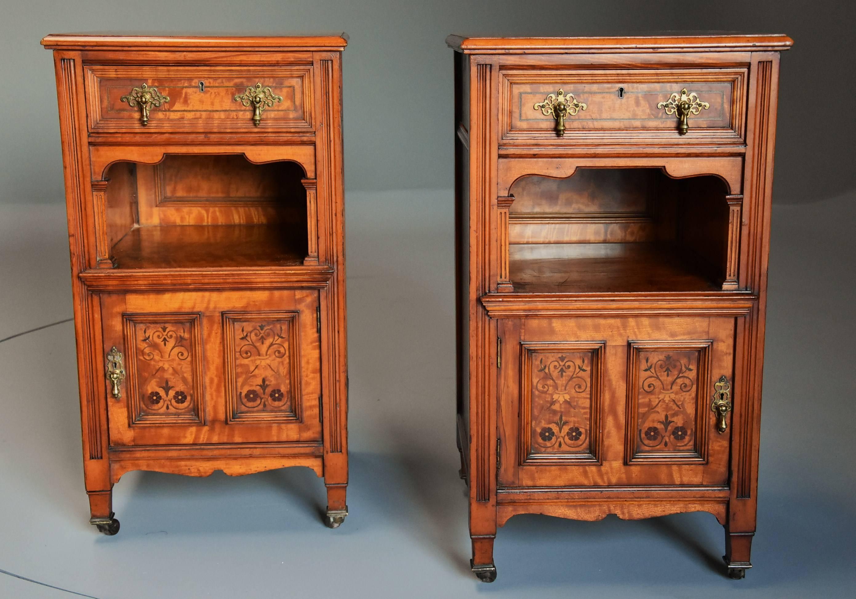 English Pair of Late 19th Century Satin Birch Bedside Cabinets with Aesthetic Influence