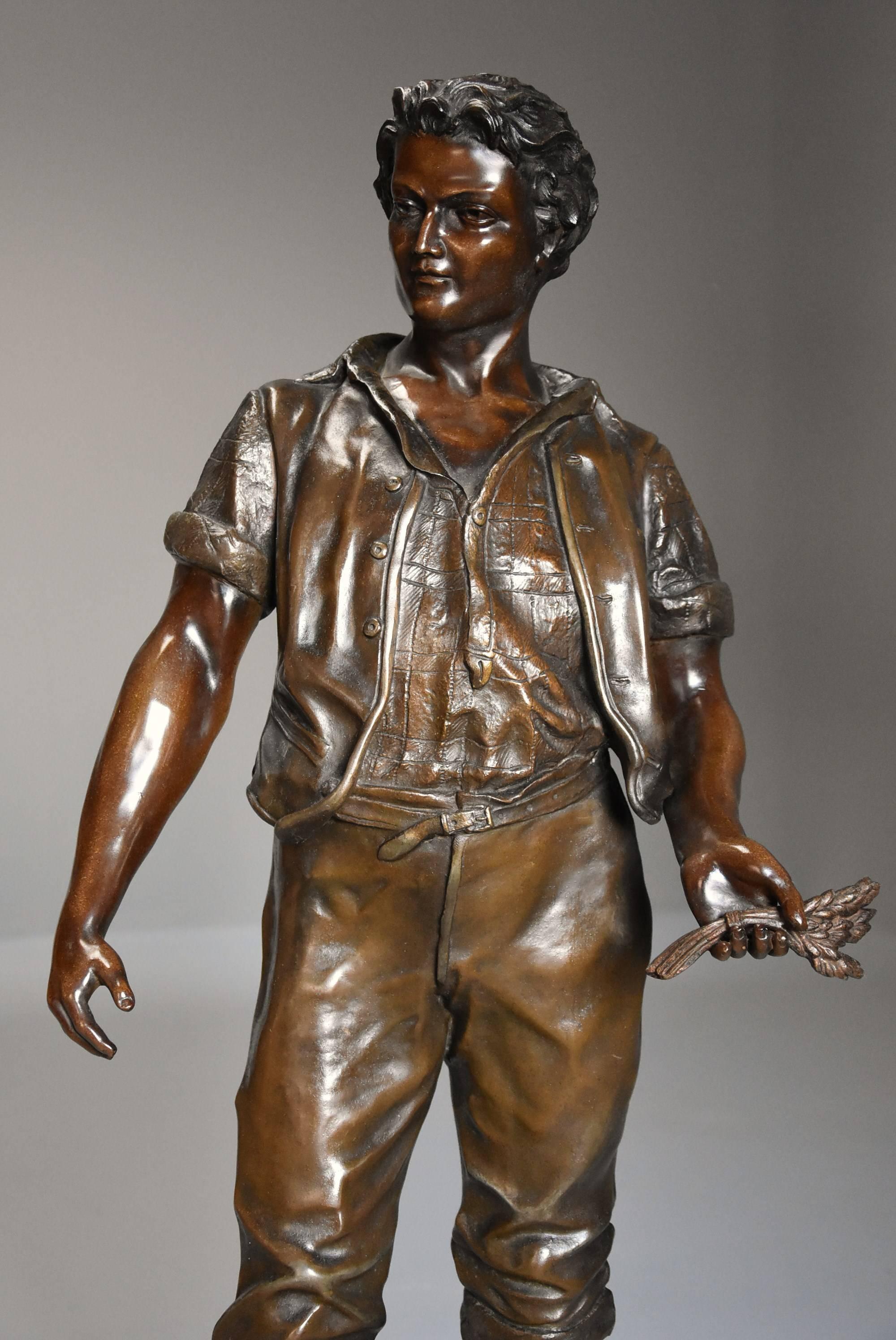 French Late 19th Century Large Bronzed Spelter Figure of a Farm Labourer In Good Condition For Sale In Suffolk, GB