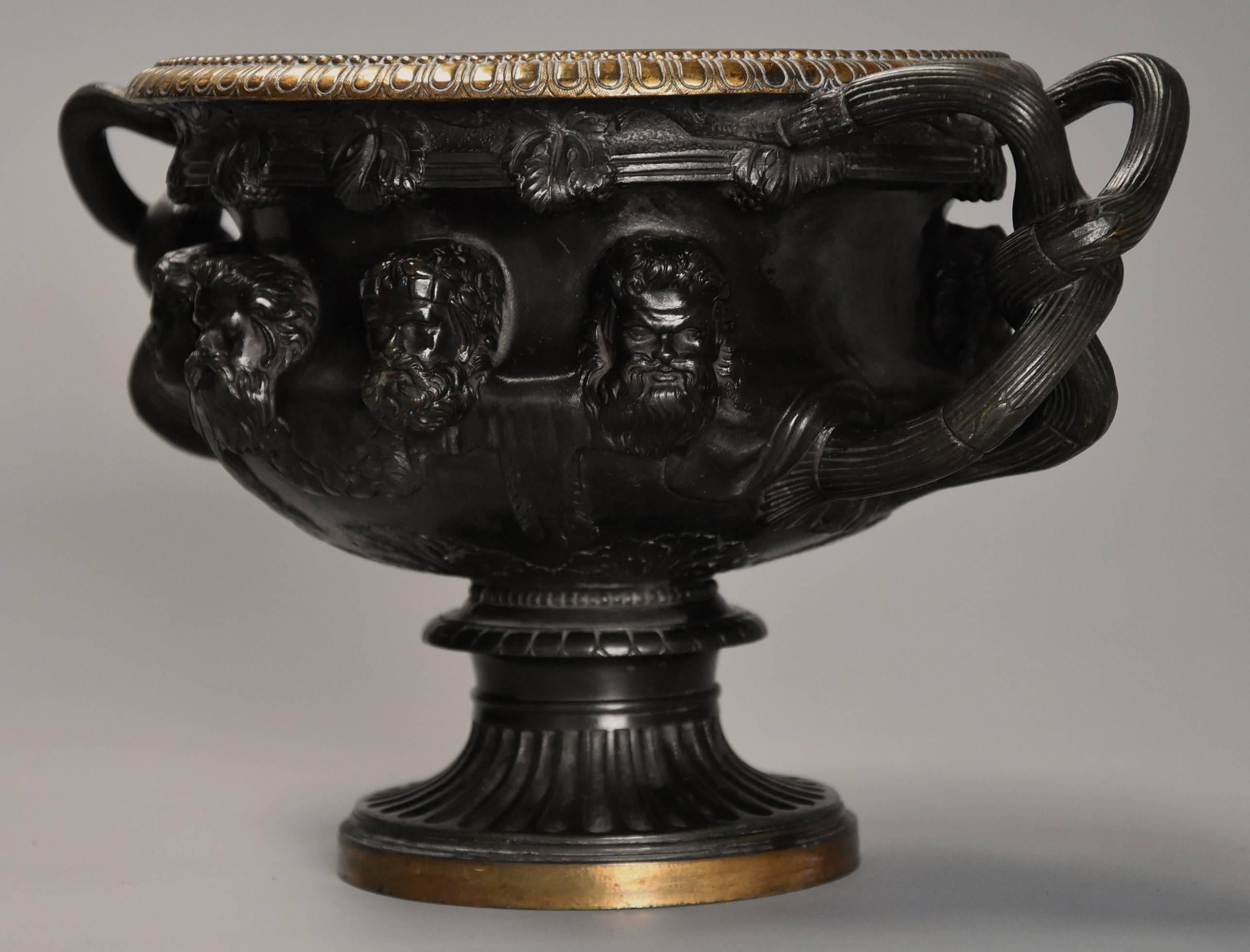 A good quality Italian 19th century Grand Tour bronze reduction of 'The Warwick Vase' after the antique.

This bronze vase is an excellent casting with good patination and consists of a removable gilt bronze liner with egg and dart decoration to