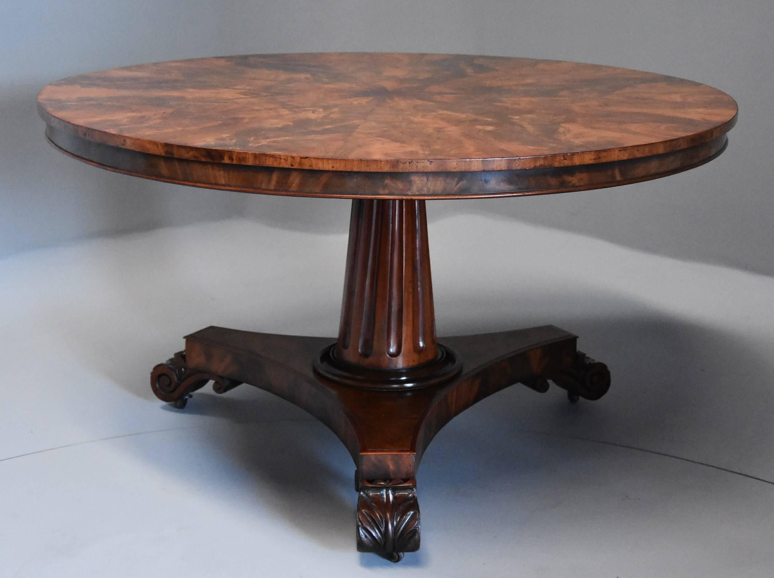 A superb quality William IVth (circa 1835) mahogany tilt top breakfast table or centre table.

This table consists of a superbly figured curl mahogany segmented circular top with banded edge and curl mahogany veneered frieze with semi circular