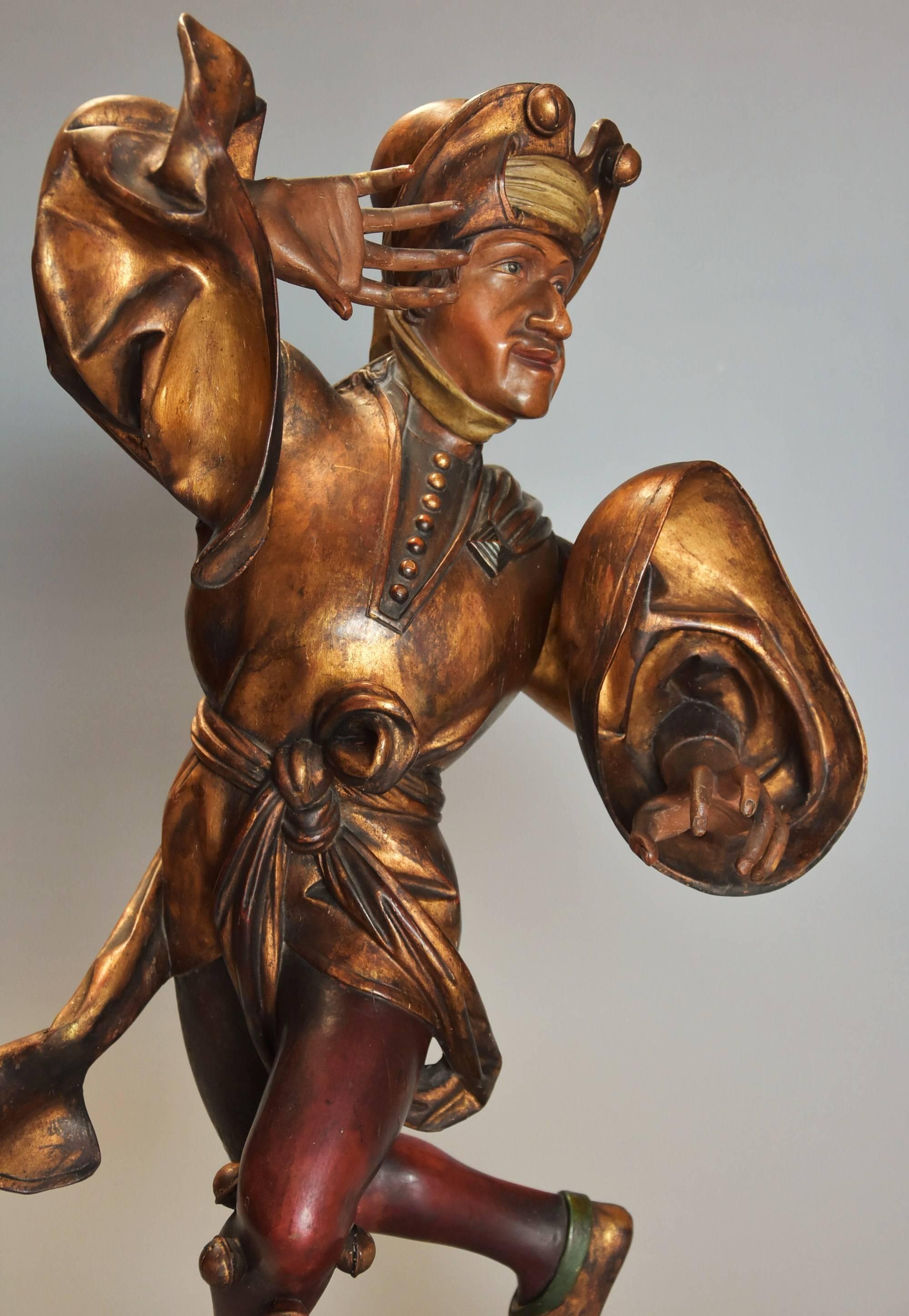 Set of fFour 19thc Giltwood and Polychrome Carved Figures of Medieval Dancers In Good Condition For Sale In Suffolk, GB