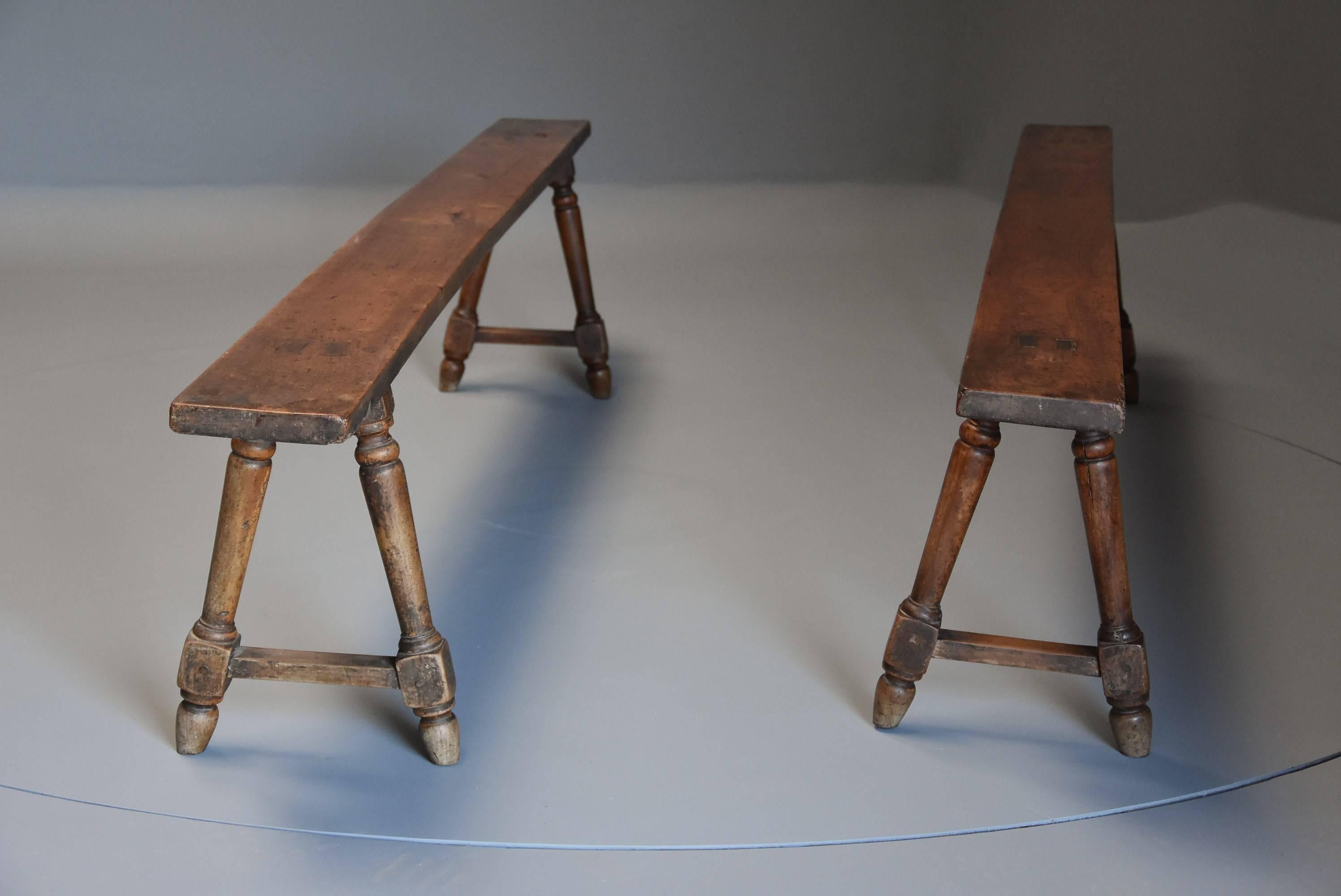 Pair of Mid-19th Century French Fruitwood 'Cherry' Benches of Superb Patina In Good Condition In Suffolk, GB