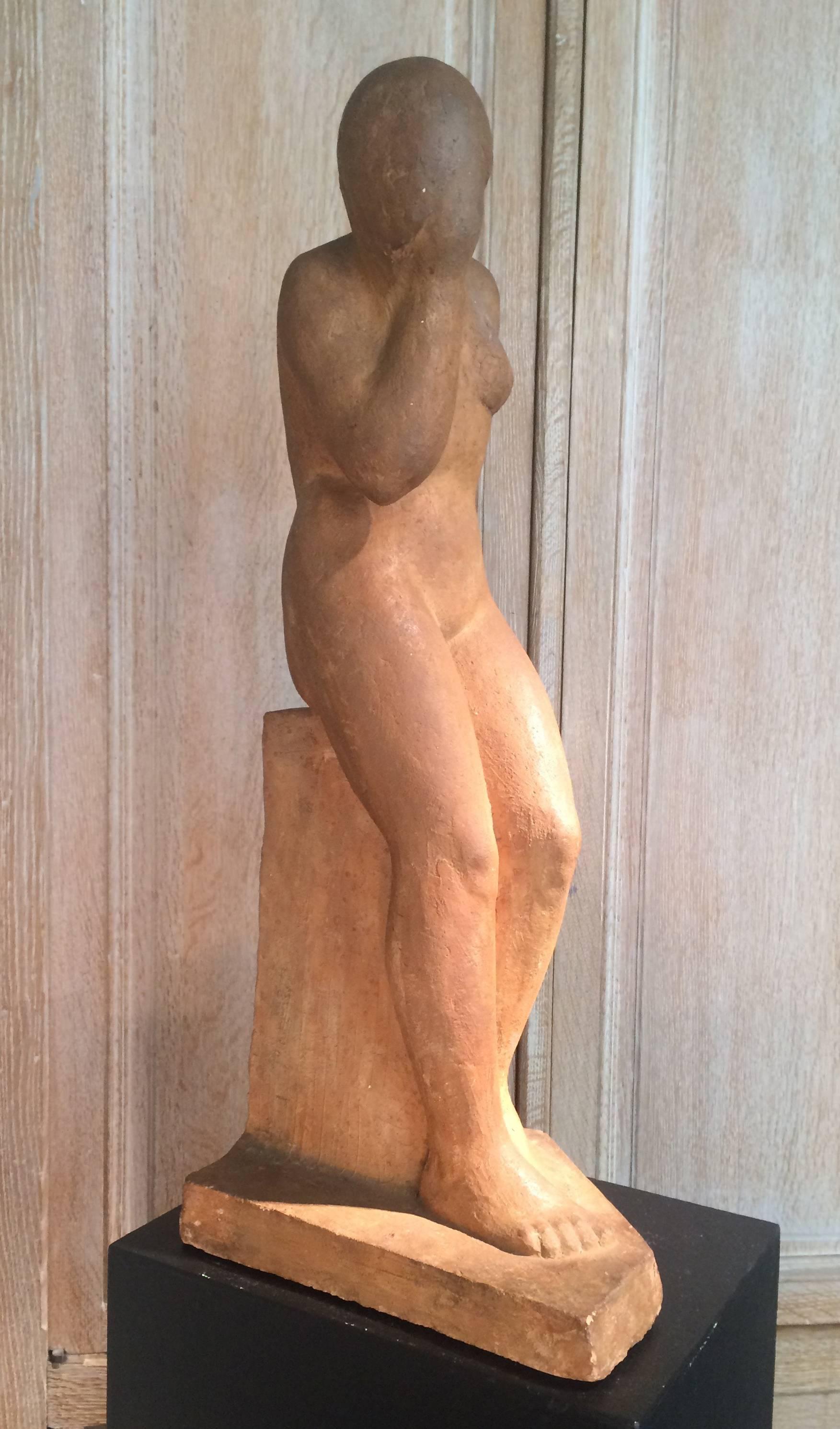 Terra cotta sculpture representing a naked woman, with a folded arms.
Signed on the base and dated 1935.

Provenance : 
Artist's Family
Artcurial Auction, Toulouse Vedovato-Rivet, 10 Déc. 2014, N°73 of the catalogue.
    