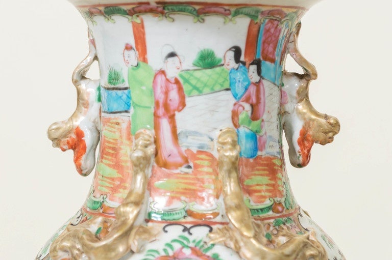 Qing Chinese Porcelain Rose Mandarin Vase Lamp, circa 1900