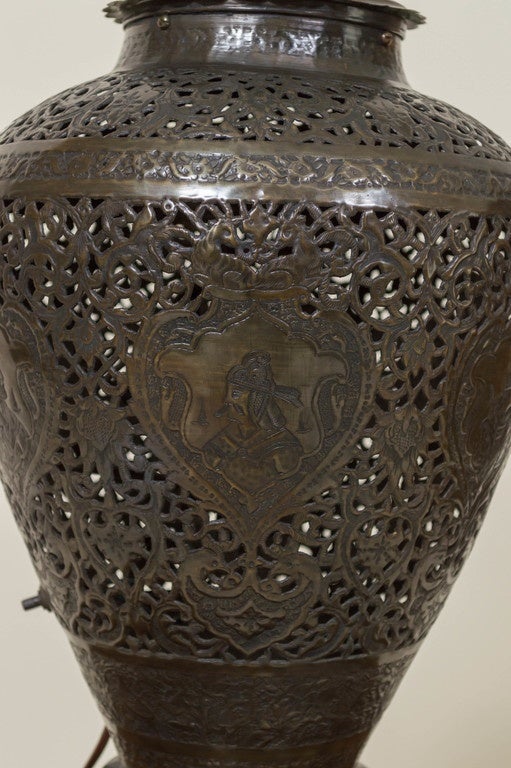 Moorish Exotic Persian Brass Reticulated and Engraved Custom Lamp, circa 1910-1920