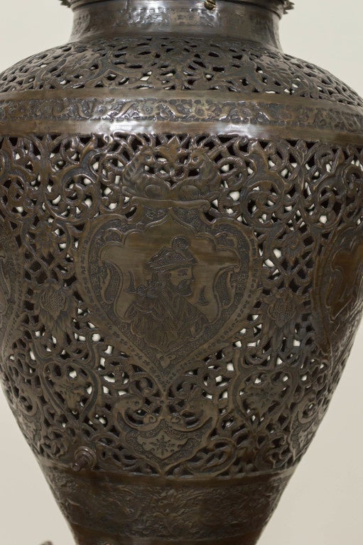 Etched Exotic Persian Brass Reticulated and Engraved Custom Lamp, circa 1910-1920