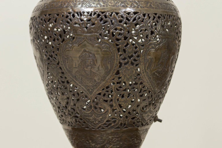 Early 20th Century Exotic Persian Brass Reticulated and Engraved Custom Lamp, circa 1910-1920