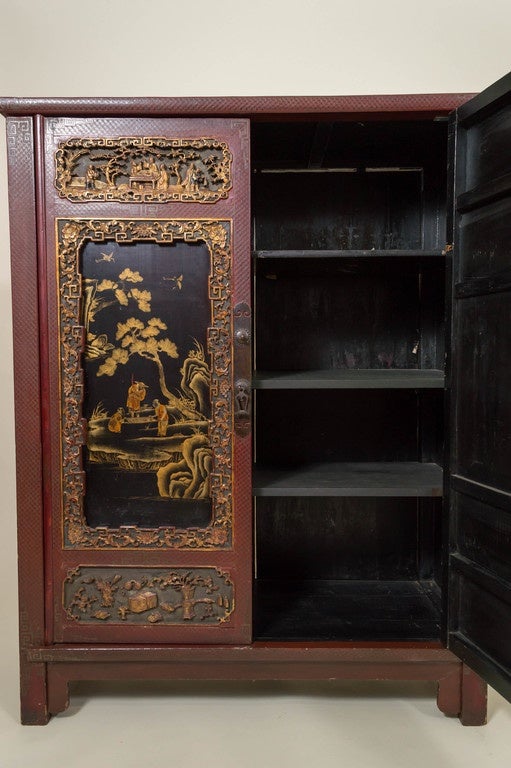 Chinese Lacquer, Carved and Gilt Cabinet Late Qing Dynasty In Fair Condition For Sale In San Francisco, CA