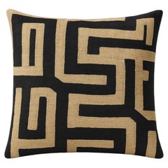 African Kuba Raffia Pillow Cover, Cream and Black, 20 x 20 Inches, Design 5