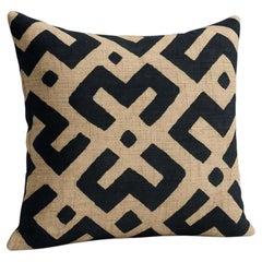 African Kuba Raffia Pillow Cover, Cream and Black, 20 x 20 Inches, Design 7