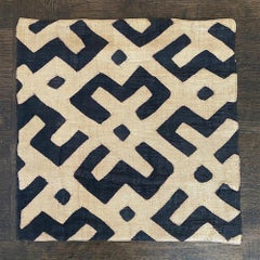 African Kuba Raffia Pillow Cover, Cream and Black, 20 x 20 Inches, Design 7