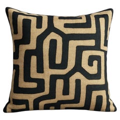African Kuba Raffia Pillow Cover, Cream and Black, 20 x 20 Inches, Design 9