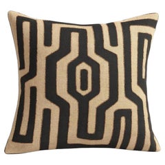 African Kuba Raffia Pillow Cover, Cream and Black, 20 x 20 Inches, Design 11