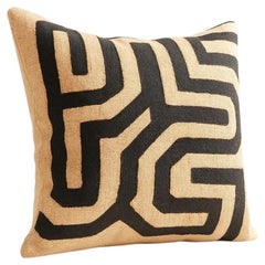African Kuba Raffia Pillow Cover, Cream and Black, 20 x 20 Inches, Design 12