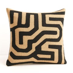 African Kuba Raffia Pillow Cover, Cream and Black, 20 x 20 Inches, Design 12