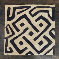 African Kuba Raffia Pillow Cover, Cream and Black, 20 x 20 Inches, Design 13