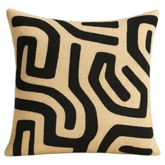 African Kuba Raffia Pillow Cover, Cream and Black, 20 x 20 Inches, Design 15