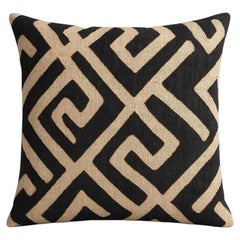 African Kuba Raffia Pillow Cover, Cream and Black, 20 x 20 Inches, Design 16