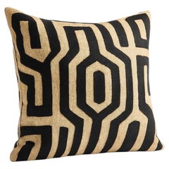 African Kuba Raffia Pillow Cover, Cream and Black, 20 x 20 Inches, Design 17