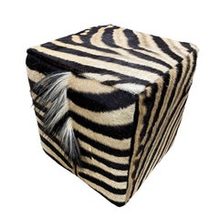 Burchell Zebra Hide Cube Ottoman with Mane, Hardwood Frame, 18 x 18, ZS034