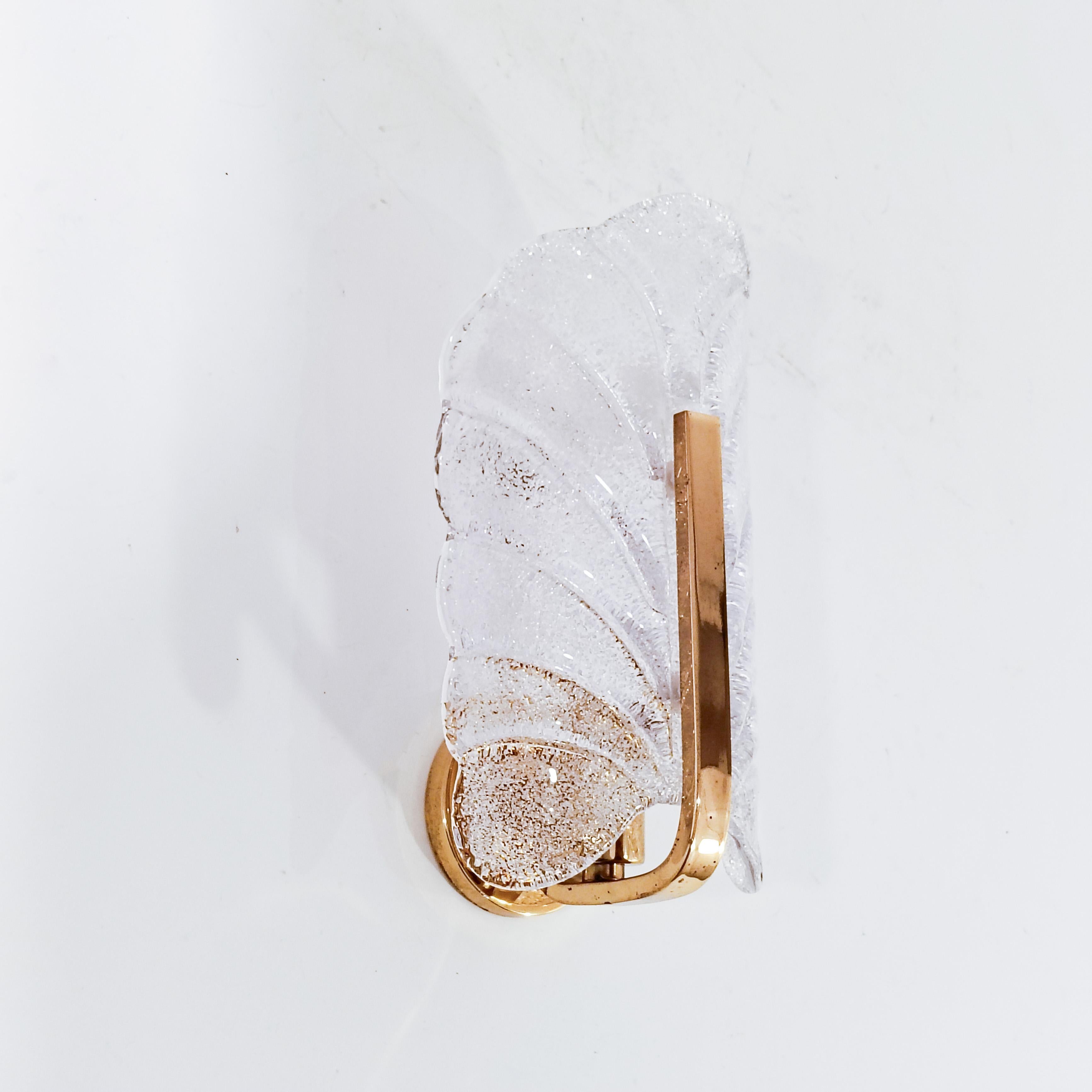 Austrian wall lamps designed by Carl Fagerlund for Lyfa, 1970s, set of 3. Each lamp is composed of a semi-transparent textured Murano glass diffuser in the shape of a leaf and in the 
