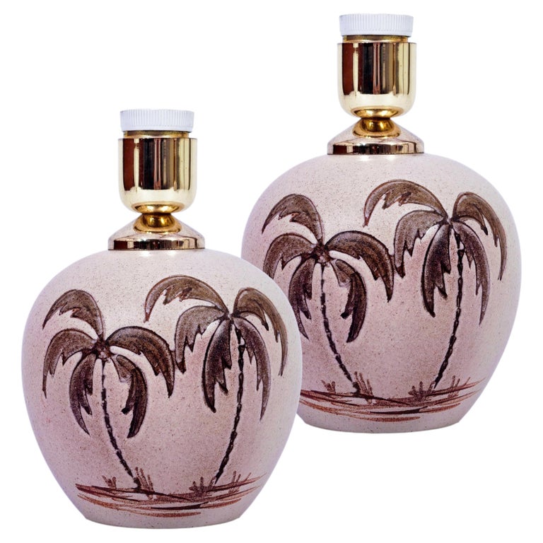 Palm Beach Regency style hand-painted ceramic table lamps, France, 1970s