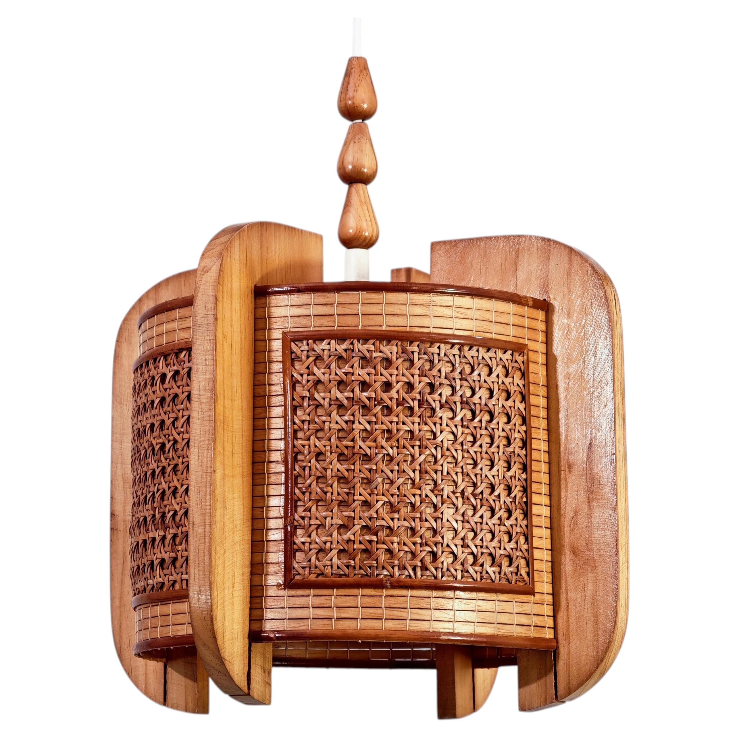 French Riviera style handmade pine wood and rattan pendant light, France, 1970s