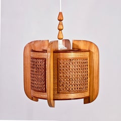 French Riviera style handmade pine wood and rattan pendant light, France, 1970s