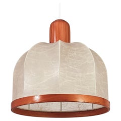 French Riviera. Handmade Cocoon resin and pine wood pendant light, Italy, 1970s