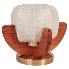 Cocoon resin. Space Age pine wood and gold chrome table lamp, Germany, 1970s