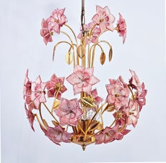 Hollywood Regency brass and pink Murano glass flowers chandelier, Italy, 1980s