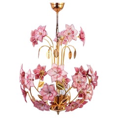 Hollywood Regency brass and pink Murano glass flowers chandelier, Italy, 1980s