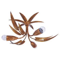 1 of 3 Mid-Century gilt iron leaves flush mounts by Ferro Art, Spain, 1950s