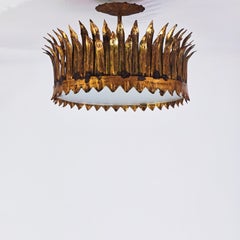 Gothic Revival gilt leaves wrought iron flush mount by Ferro Art, Spain, 1940s