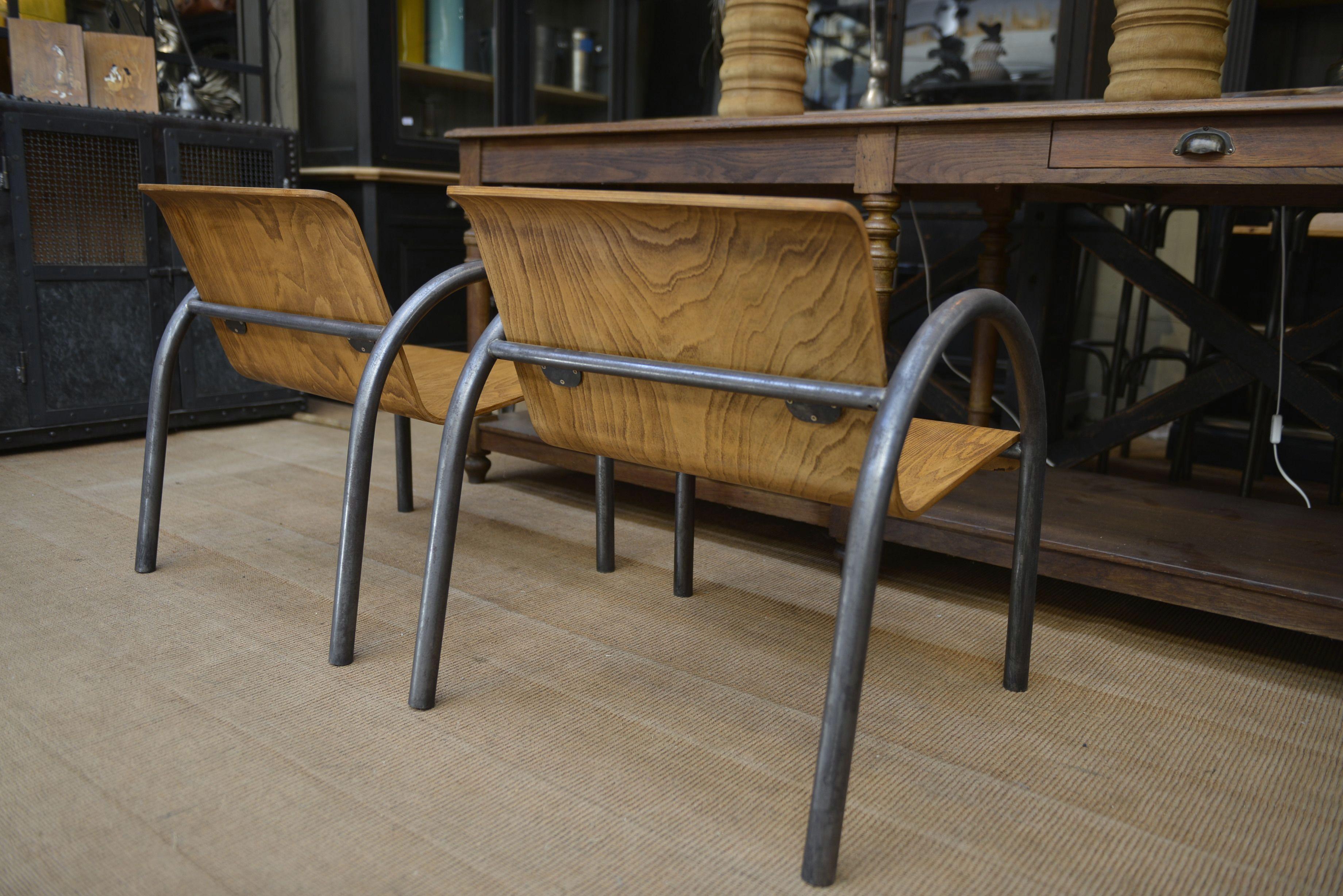 Paire de Fauteuils Design/One métal et bois 1950 en vente 3