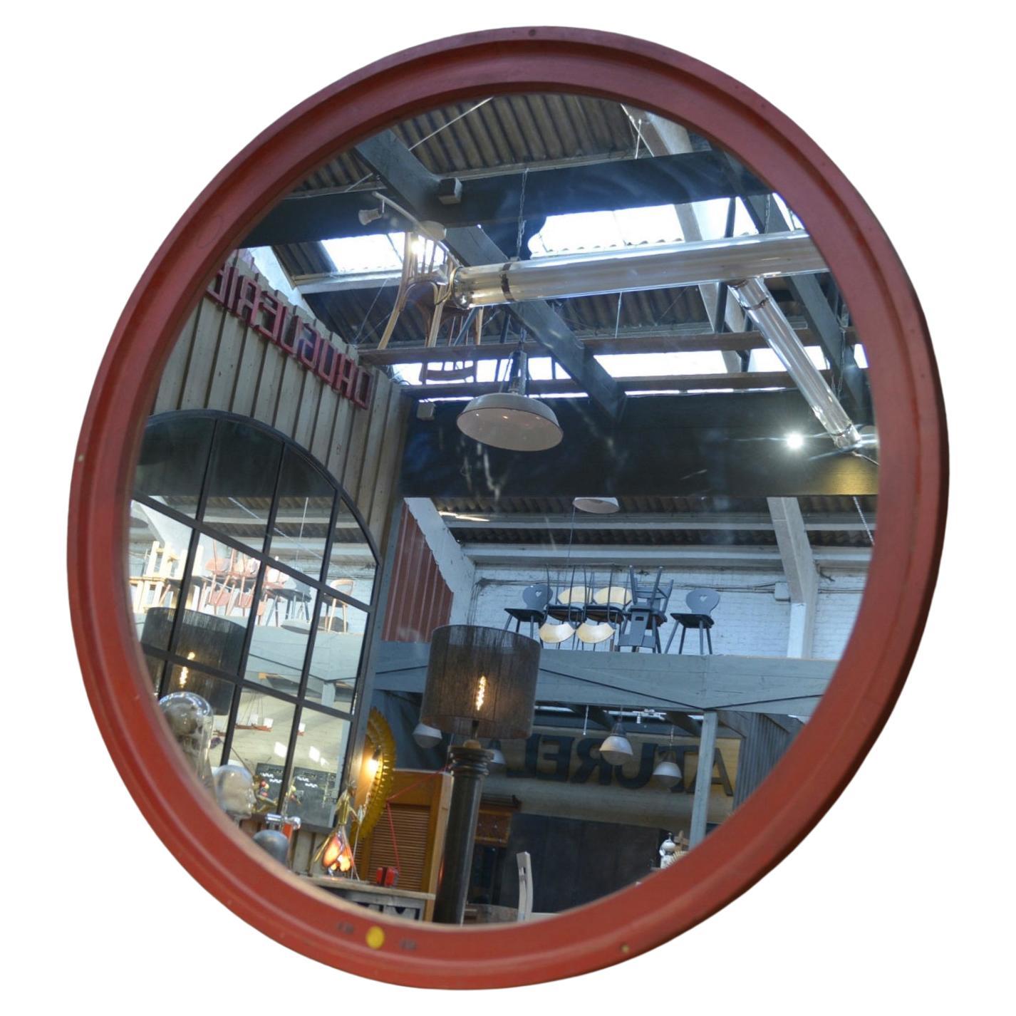 Grand Miroir Rond Industriel en bois 1920
