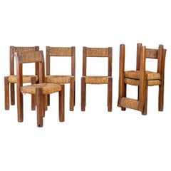 Set of 6 Wooden & Straw Chairs Vintage