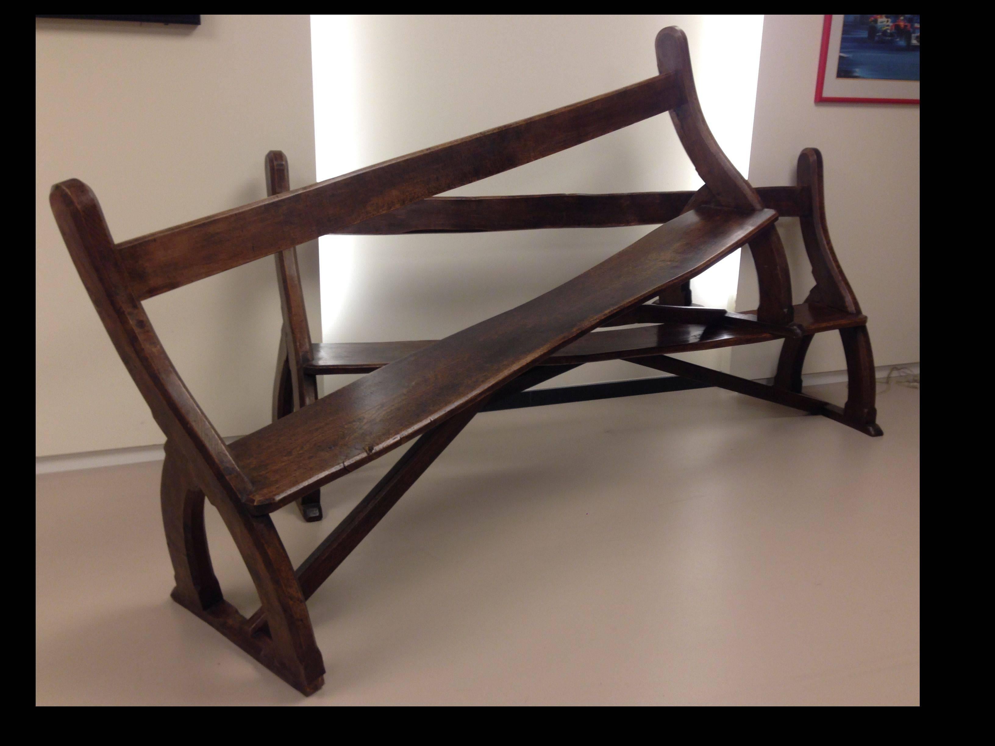 English Pair of Elm Chamfered Frame Benches, Attributed to Pugin For Sale