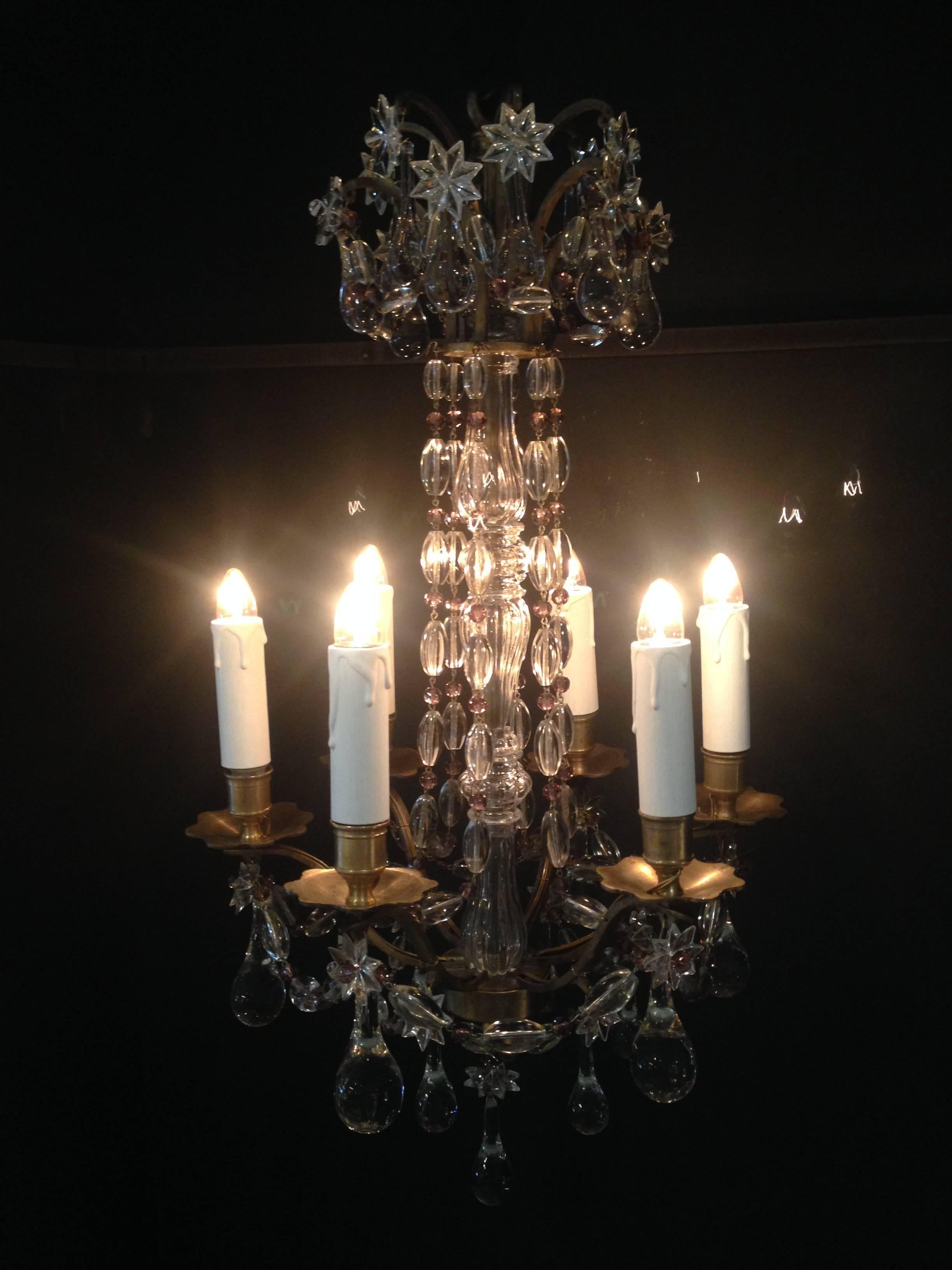 A beautiful small French bi-color crystal chandelier, six arms.