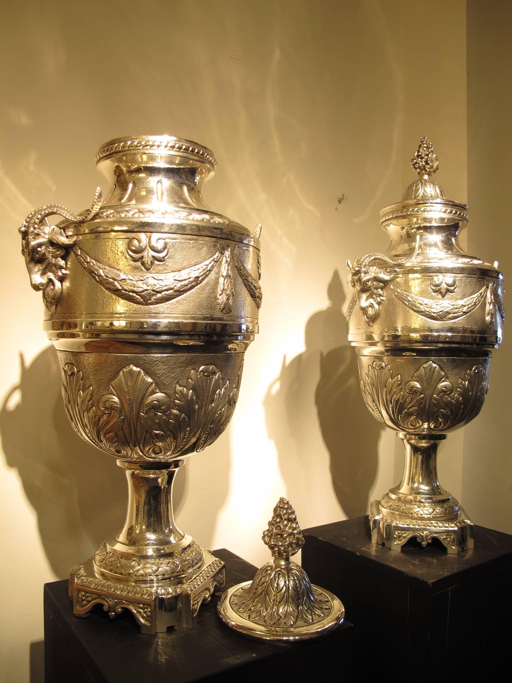 French Pair of Large Silver Plated Urns For Sale