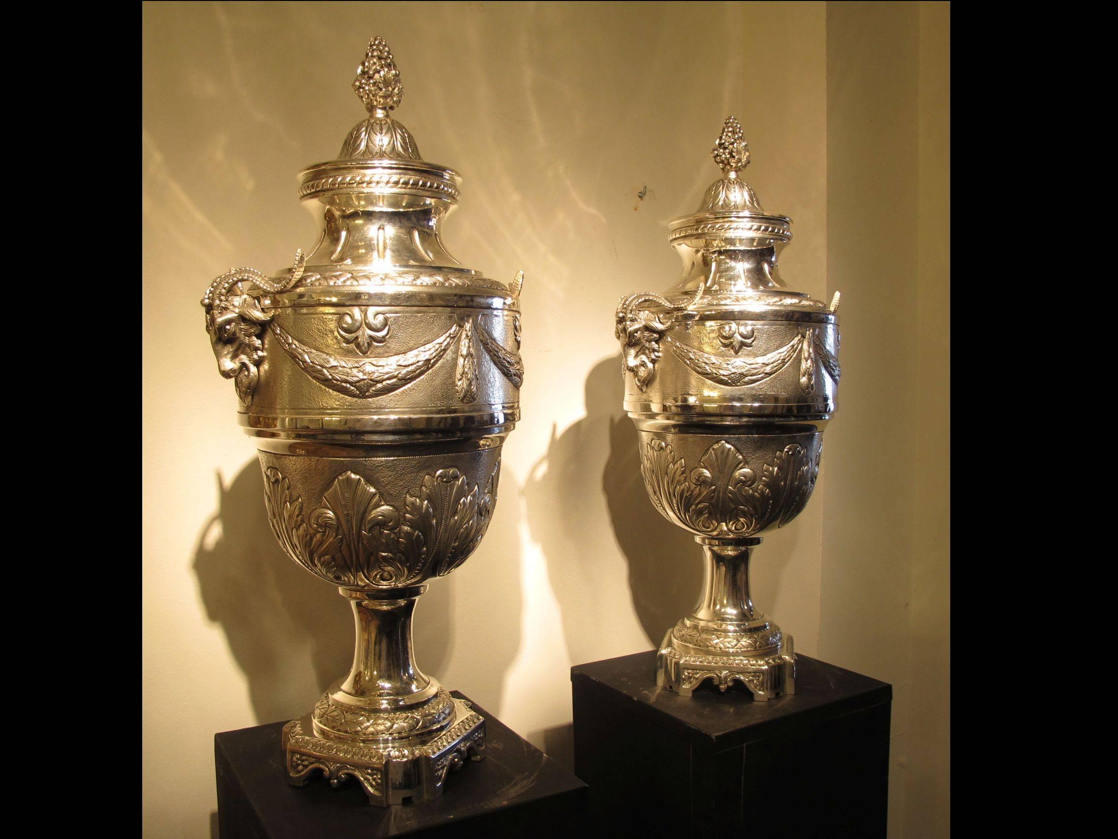Silvered Pair of Large Silver Plated Urns For Sale
